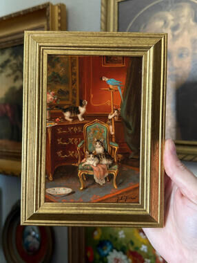 Vintage Style Cottage Cats on Fancy Chair Art Print Framed